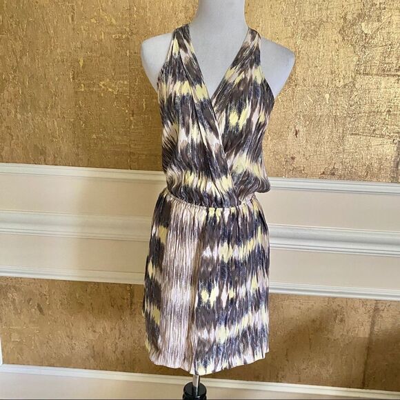 PARKER brown yellow 100% silk mini dress S - Picture 2 of 7